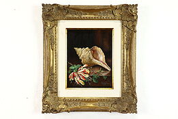 Conch Seashell & Flowers Original Vintage Oil Painting, Frumin 24.5" #39708