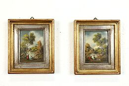 Pair of Country Landscape Vintage Original Miniature Oil Paintings 8" #39720