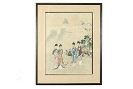 Japanese Women & Mountains Antique Original Watercolor Painting, 23" #39721