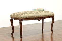 Country French Vintage Carved Fruitwood Bench with New Upholstery #39777