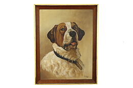 St. Bernard Dog Portrait Original Antique Oil Painting, 1900 Higbee 28" #39508