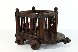 Asian Antique Chestnut Child Size Toy Cart, Carved Peacock & Iron Ring #39513