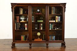 Triple Antique Oak Office or Library Bookcase, Carved Cherubs, Rockford #39520