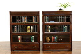 Pair of Craftsman 3 Stack Leaded Glass Oak Lawyer Bookcases, Lundstrom #38116