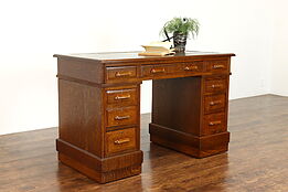 English Antique Oak Office or Library Desk with Tooled Leather Top #38839