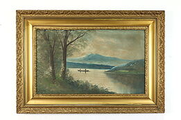 Fishing Boat on Mountain Lake Original Antique Oil Painting, Browning 40" #38921