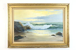 Pacific Cove & Ocean Waves Original Vintage Oil Painting, M. Lau 44.5" #38923