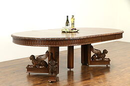 Carved Walnut Antique 5' Round Dining Table Carved Griffin Base, 2 Leaves #32172