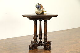 English Tudor Antique Hall or Lamp Table, Carved Heads & Columns #32179