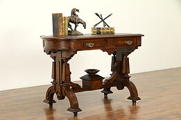 Victorian Renaissance Antique Walnut Library or Hall Table, Leather Top #32206