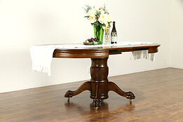 Round Antique 45" Quarter Sawn Oak Dining Table, 2 Leaves, Lion Paw Feet #32238