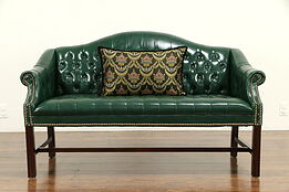 Traditional Camel Back Faux Leather Vintage Loveseat, Brass Nailheads #32258