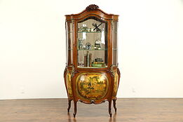 French Antique Bombe Curved Glass Vitrine Curio China Cabinet, Painting #32296