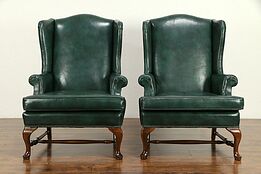 Traditional Pair of Vintage Leather Wing Chairs, Brass Nailhead Trim #32490