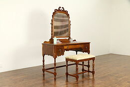 English Tudor Walnut & Curly Maple Antique Vanity Dressing Table & Bench #32523