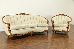 Carved Antique 1920's Sofa & Chair Set, Recent Upholstery #32655