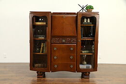 English Art Deco Vintage Oak Secretary Desk & Bookcase, Signed BS 1960 #32704