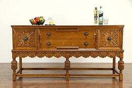 English Tudor Antique Carved Oak Sideboard, Server or Buffet #32783