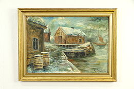 Harbor in Winter, Antique Original Oil Painting, Signed #32854