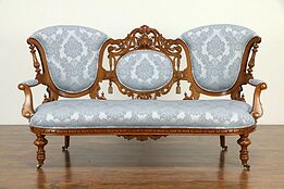 Victorian Antique 1870 Hand Carved Walnut Sofa, New Upholstery #33013