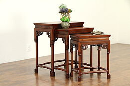 Set of 3 Vintage Chinese Nesting Tables, Carved Rosewood & Burl #33063