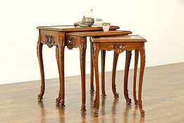 Set of 3 Vintage Carved Mahogany & Marquetry Nesting Tables #33149