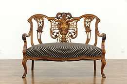 French Style Carved Walnut Antique Loveseat or Settee, Recent Upholstery #33284