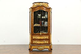 Rosewood & Burl Vintage Curved Glass China Cabinet, Marble, Brass Mounts #33735