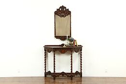 English Tudor Style Antique Carved Walnut Hall Console & Mirror Set #33972