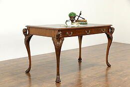 Maitland Smith Neoclassical Tooled Leather Desk, Carved Heads & Paws #33679