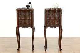 Pair of Antique Walnut & Black Marble Top Nightstands or End Tables #34000