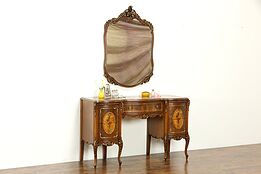 French Style Vintage Carved & Marquetry Vanity or Desk with Mirror #34478