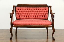 Empire Antique Settee or Loveseat, Tufted Upholstery, Paw Feet  #34747