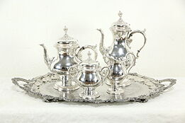 Silverplate Antique Large Tea & Coffee Service, 5 Pc Set with Tray Signed #33890