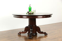 Round 52" Antique Mahogany Dining Table, 3 Leaves, Lion Paw Pedestal #34032