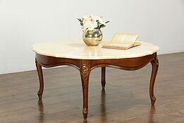 French Style Marble Top Vintage Carved Cherry Coffee Table #34887