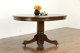 Victorian Oak 42" Dining Table, Leaf, Carved Lion Paw Pedestal #35053