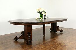 Oak Quarter Sawn Antique 54" Dining Table, Carved Lions, Extends 10' 9" #34253
