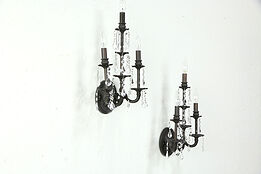 Pair of Triple Bronze Finish Wall Sconces, Cut Crystal Prisms #34326