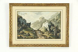 Travelers in the Alps Original Antique Watercolor Painting 21" #33645