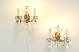 Pair of Vintage Double Candle Wall Sconces, Crystal Prisms #33878