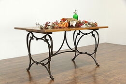 Farmhouse Iron Base Vintage Island, Dining or Library Table, Mesquite Top #35411