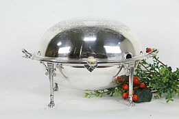 English Antique Silverplate Oval Dome Serving Dish, Engraved Crest #35315
