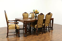 Renaissance Carved Antique Walnut Dining Set, Table, 6 Chairs, New Fabric #35758