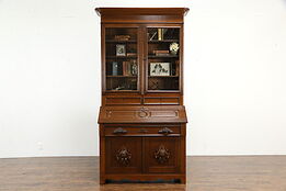 Victorian Antique Carved Walnut Secretary Desk & Bookcase #35791