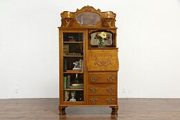Oak Antique Side by Side Secretary Desk & Bookcase, Beveled Mirrors #35921