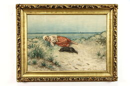 Girl & Her Dog, Original Antique Watercolor Painting, Van der Haas 37.5" #38682