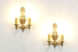 Pair Vintage Solid Brass Wall Sconce Lights, Drip Candles, Crescent BM #36073