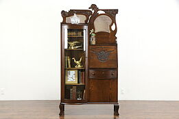 Oak Side by Side Secretary Desk & Bookcase, Curved Glass, Beveled Mirrors #34256