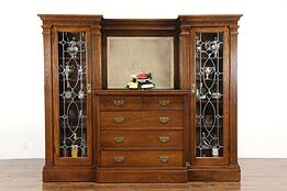 Oak Antique Sideboard China Cabinet, Back Bar, Leaded Glass Doors #36207